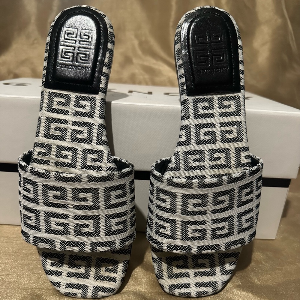 Givenchy Black & White Logo Jacquard Slide Mules